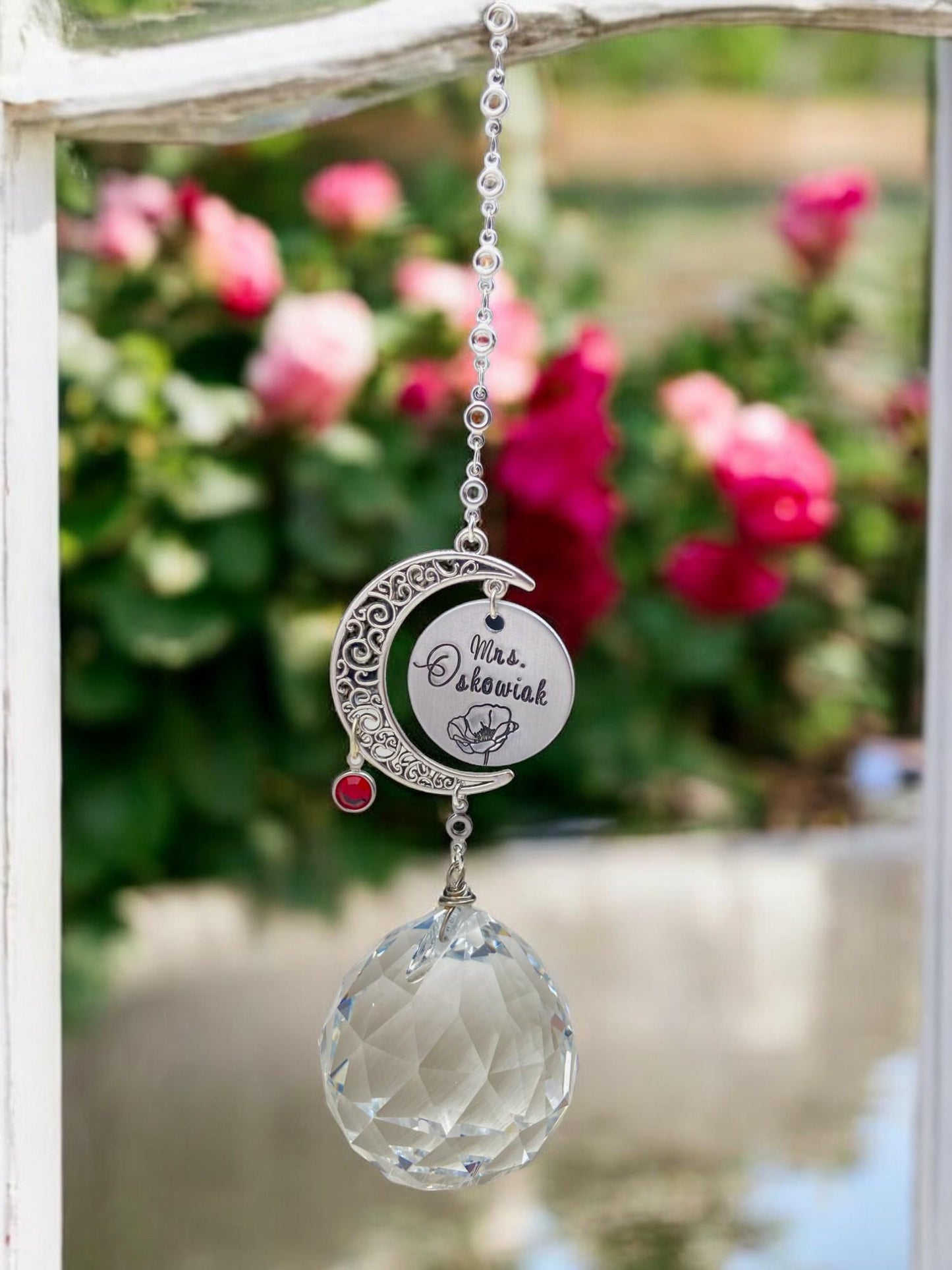 Personalized Sun Catcher Prism with birthstone, hand-stamped message.