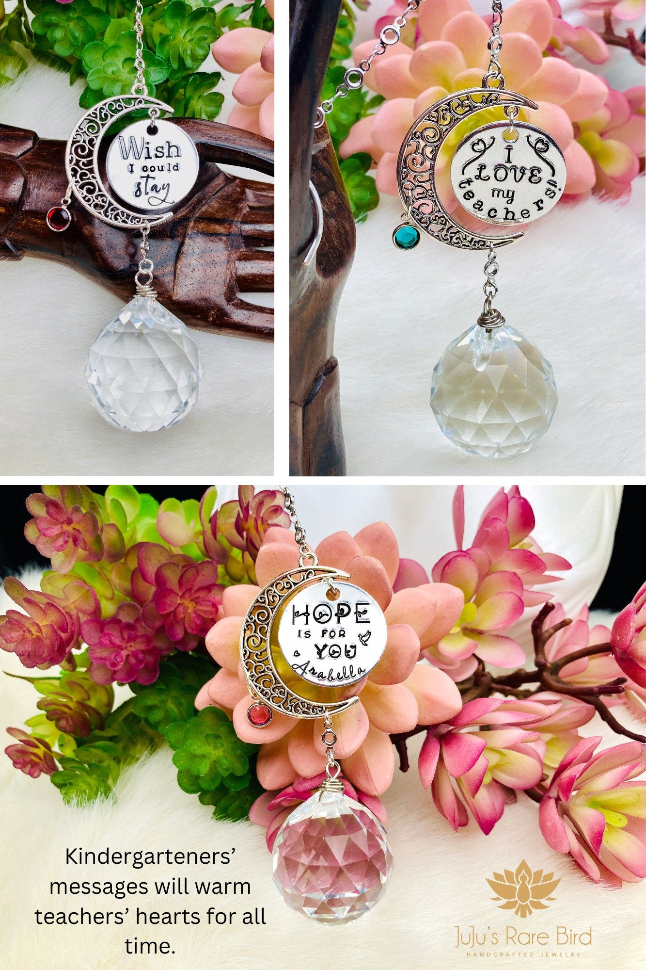Personalized Sun Catcher Prism with birthstone, hand-stamped message.