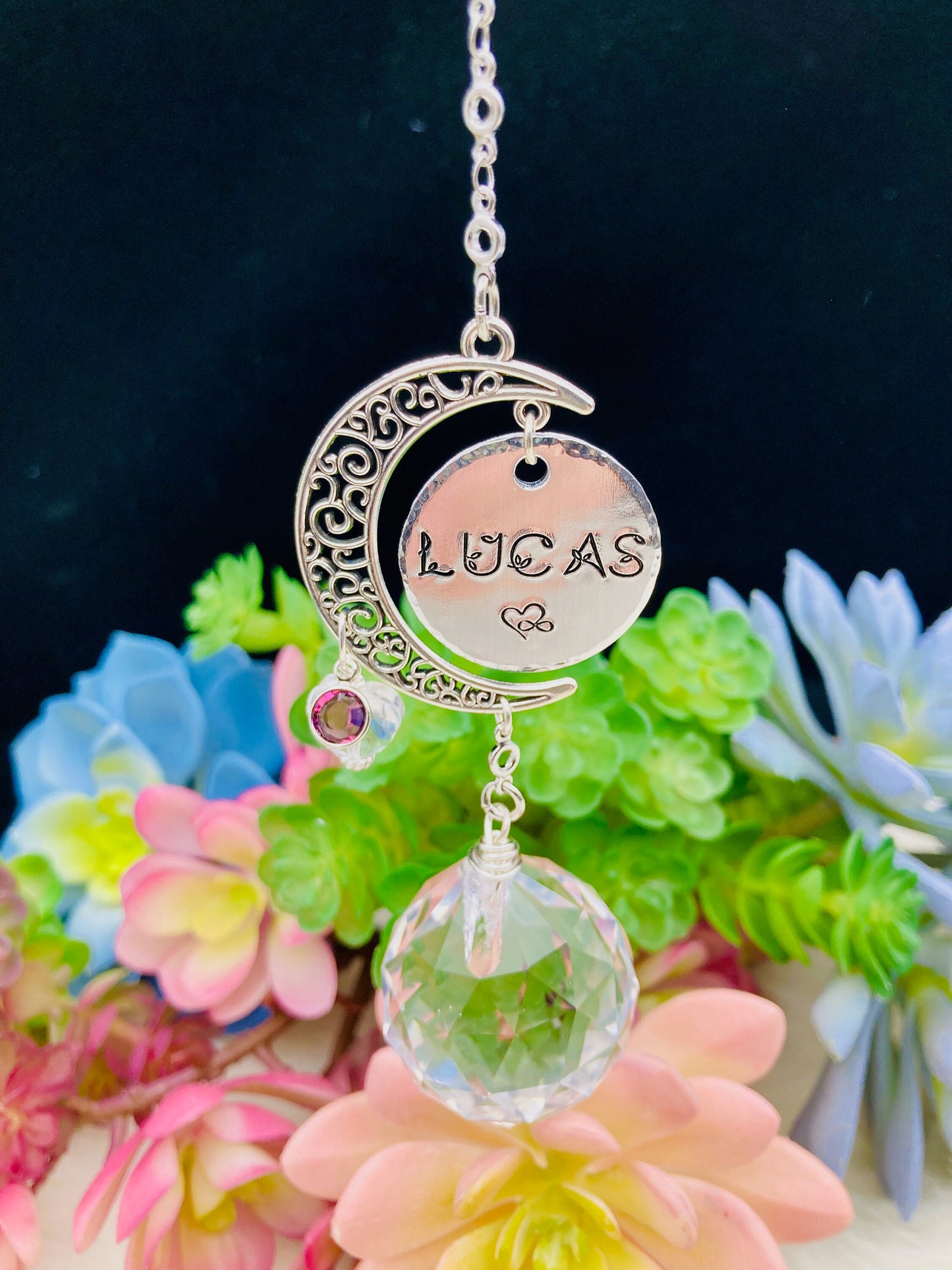 Personalized Sun Catcher Prism with birthstone, hand-stamped message.