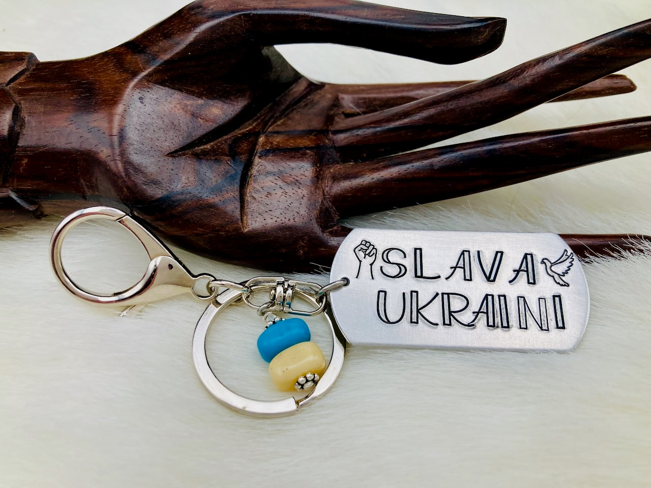 Slava Ukraini Keychain with Ukrainian flag gemstones