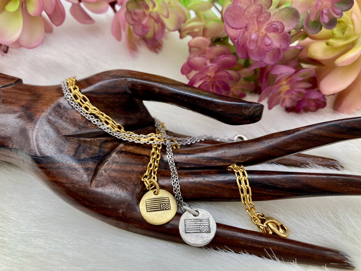 "Distress" American Flag Necklace in silver or gold