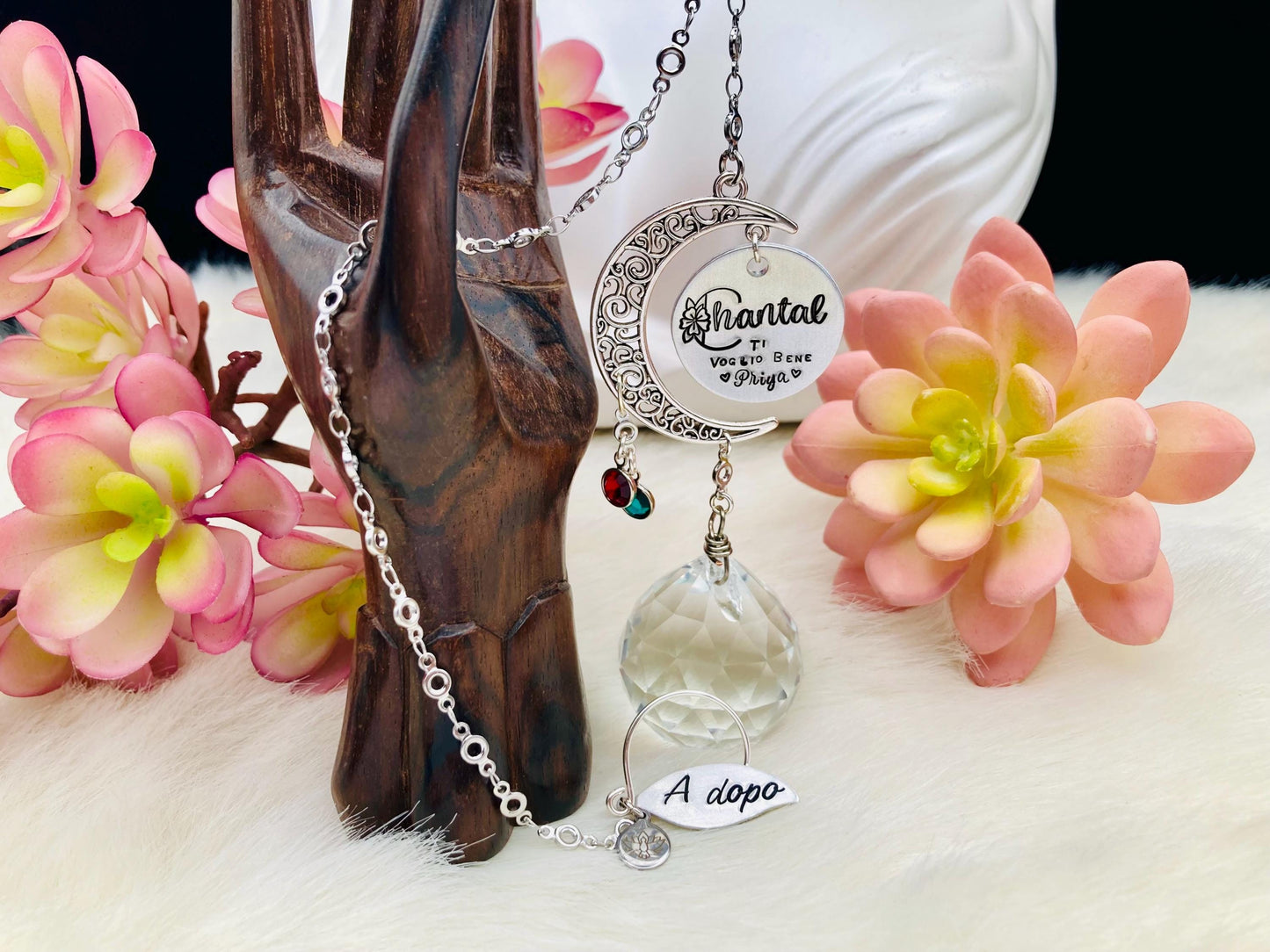 Personalized Sun Catcher Prism with birthstone, hand-stamped message.