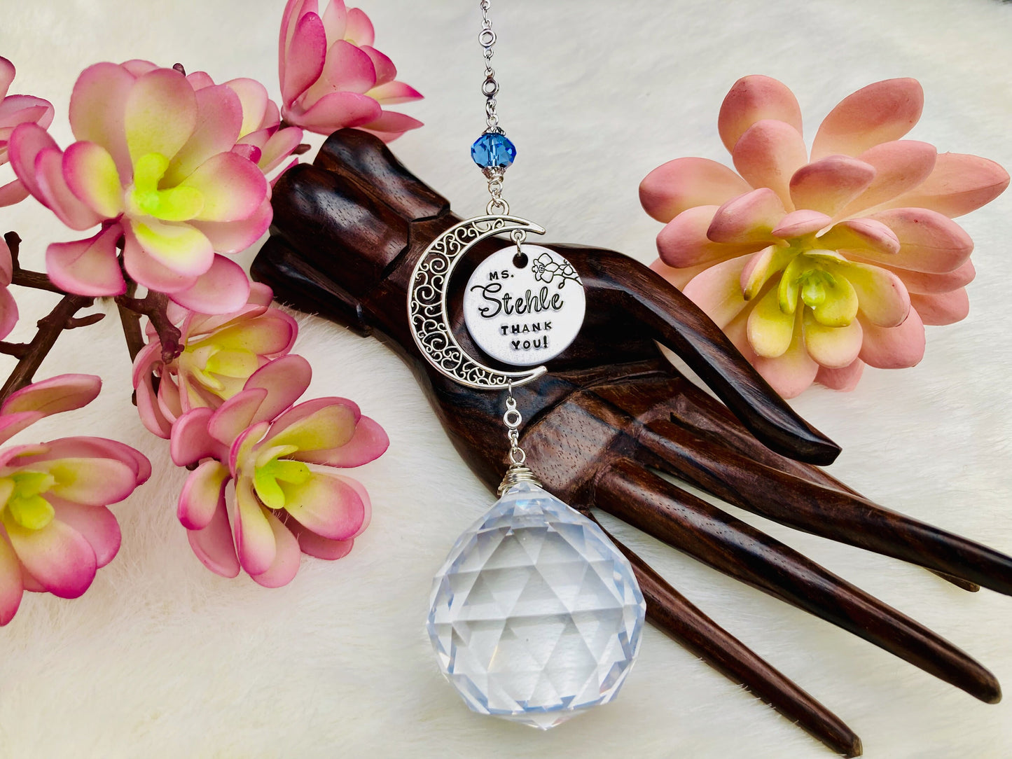 Personalized Sun Catcher Prism with birthstone, hand-stamped message.