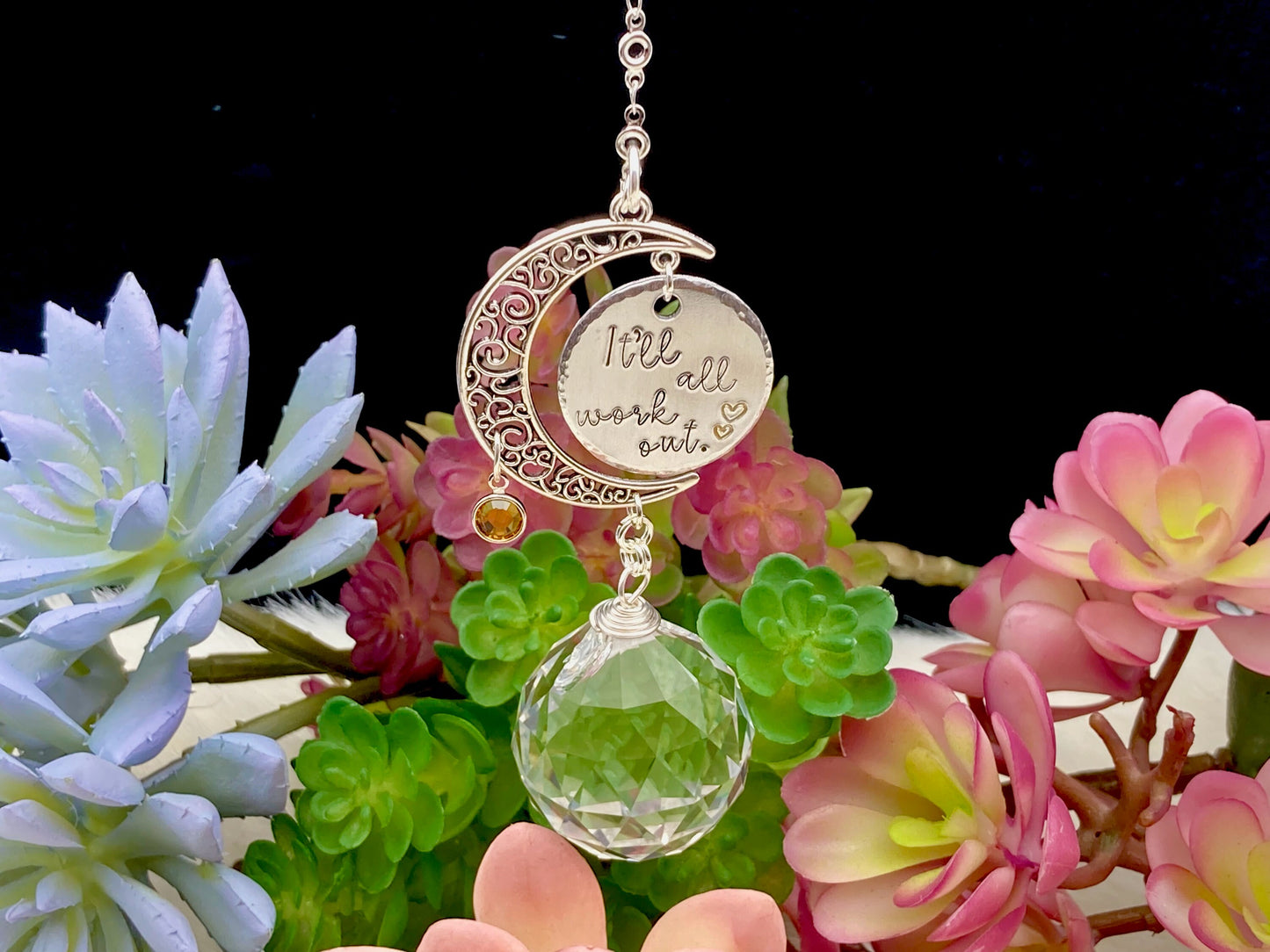 Personalized Sun Catcher Prism with birthstone, hand-stamped message.