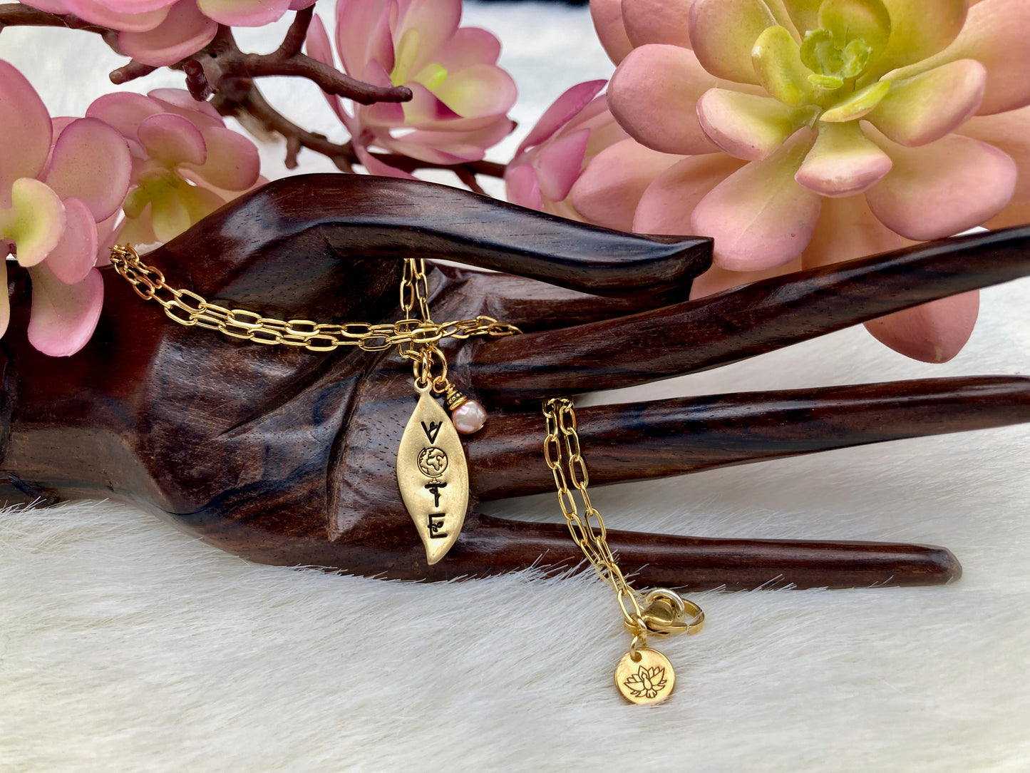 "Vote" Earth Necklace with pearl or crystal, in gold or silver