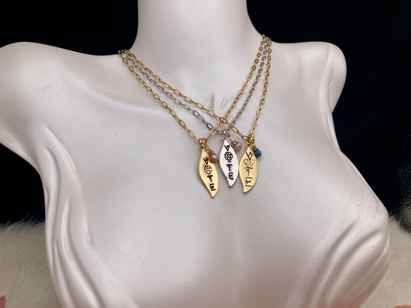 "Vote" Earth Necklace with pearl or crystal, in gold or silver