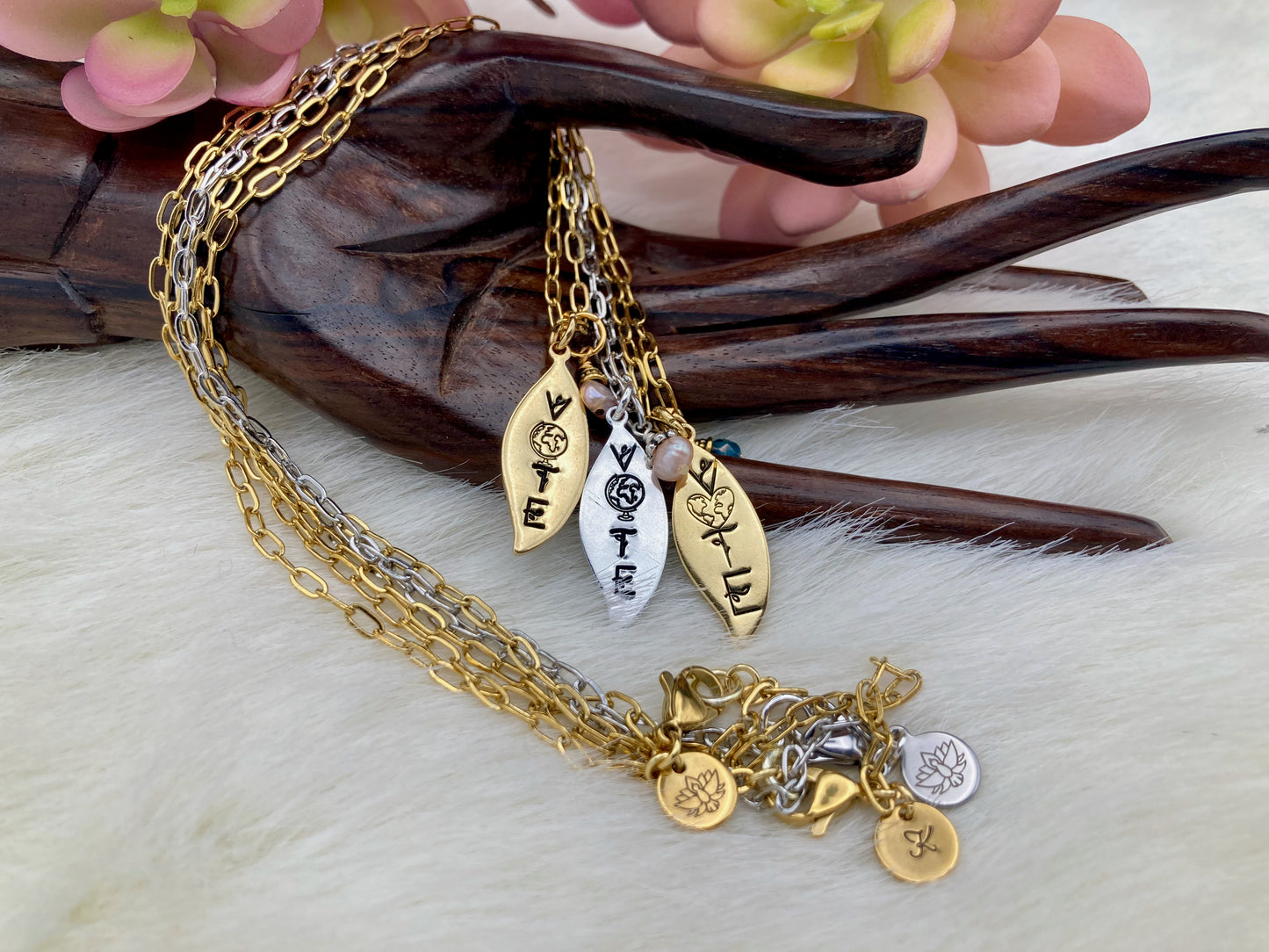 "Vote" Earth Necklace with pearl or crystal, in gold or silver