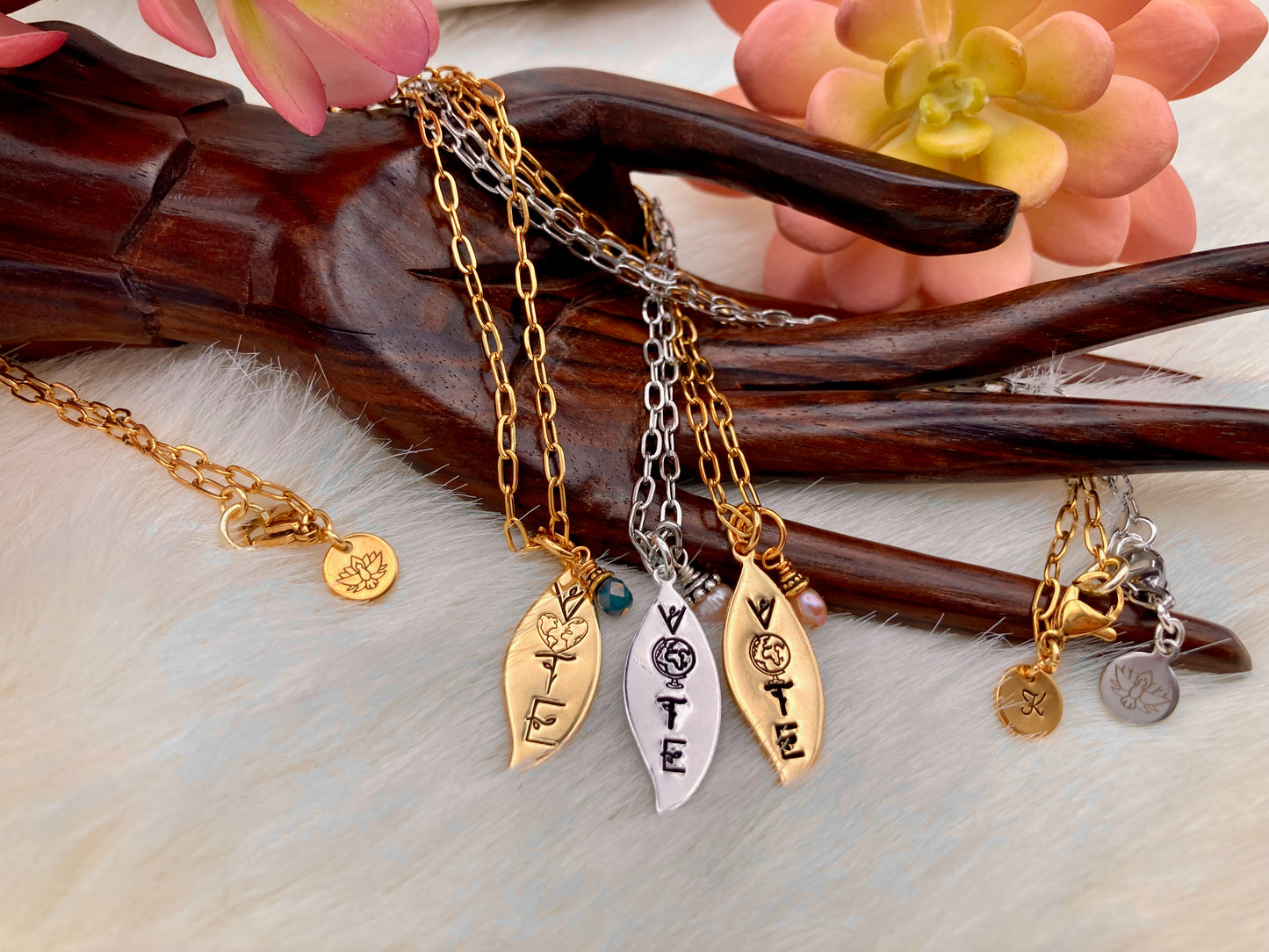 "Vote" Earth Necklace with pearl or crystal, in gold or silver