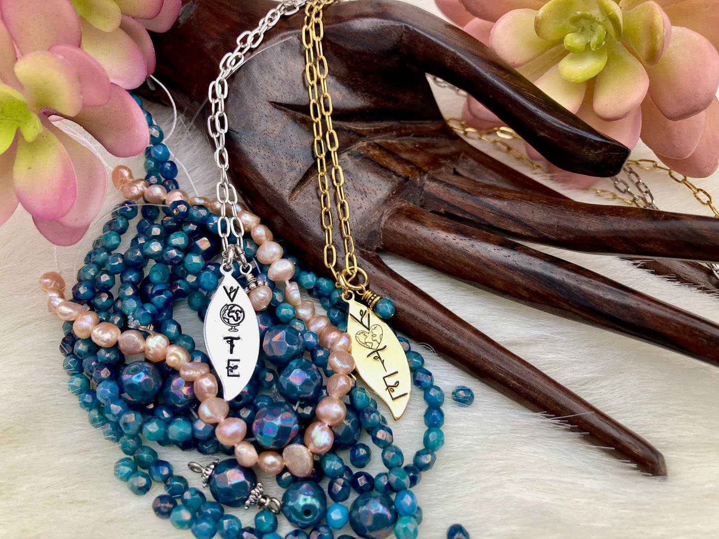 "Vote" Earth Necklace with pearl or crystal, in gold or silver