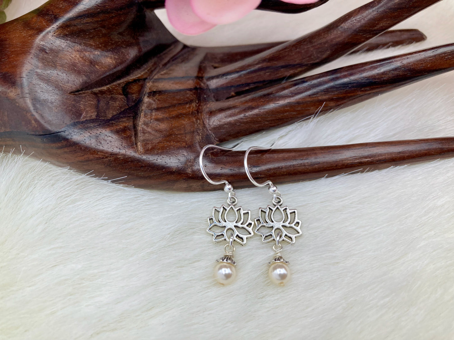 Lotus Earrings and Necklace with Pearl or Crystal