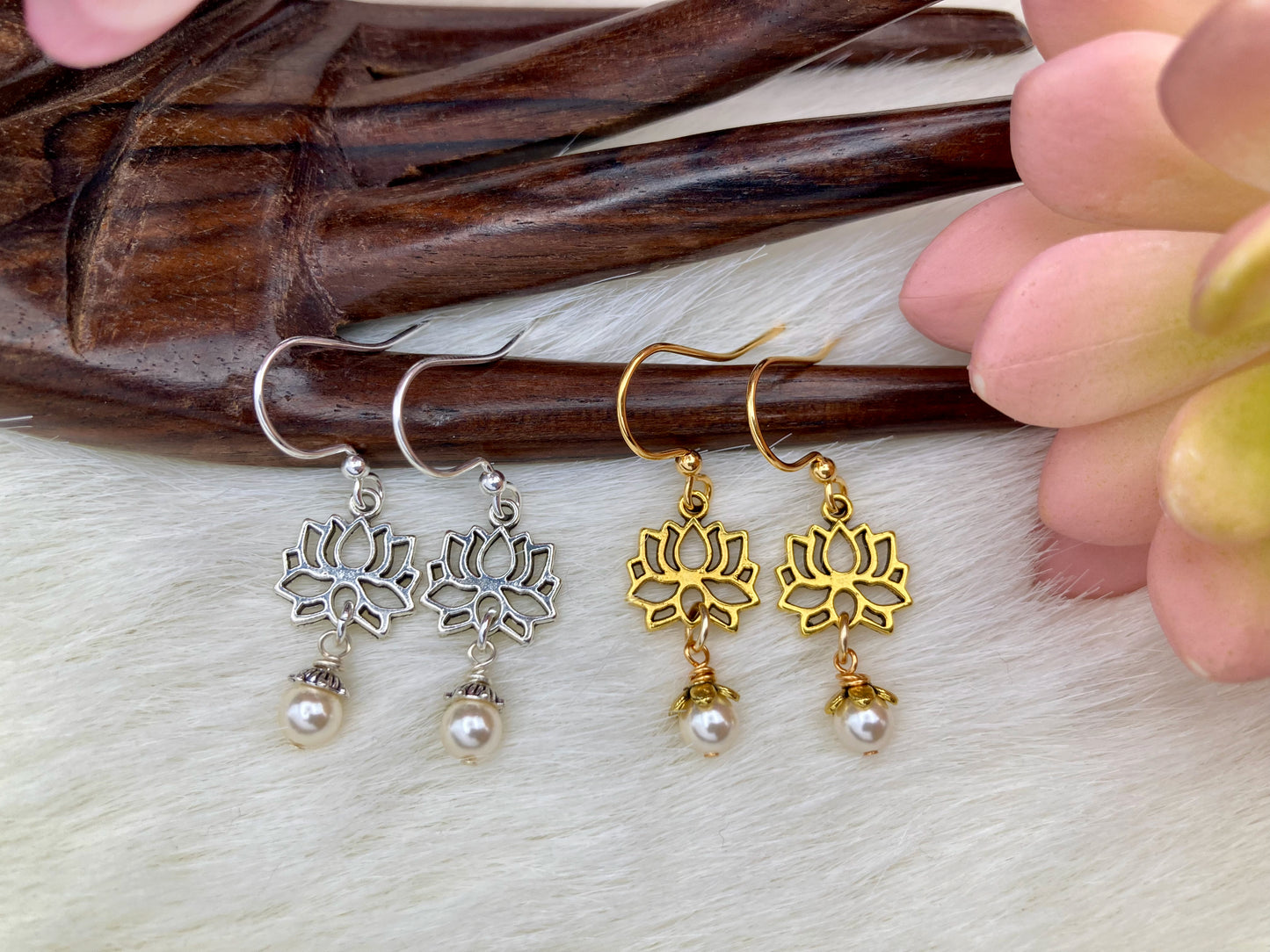 Lotus Earrings and Necklace with Pearl or Crystal