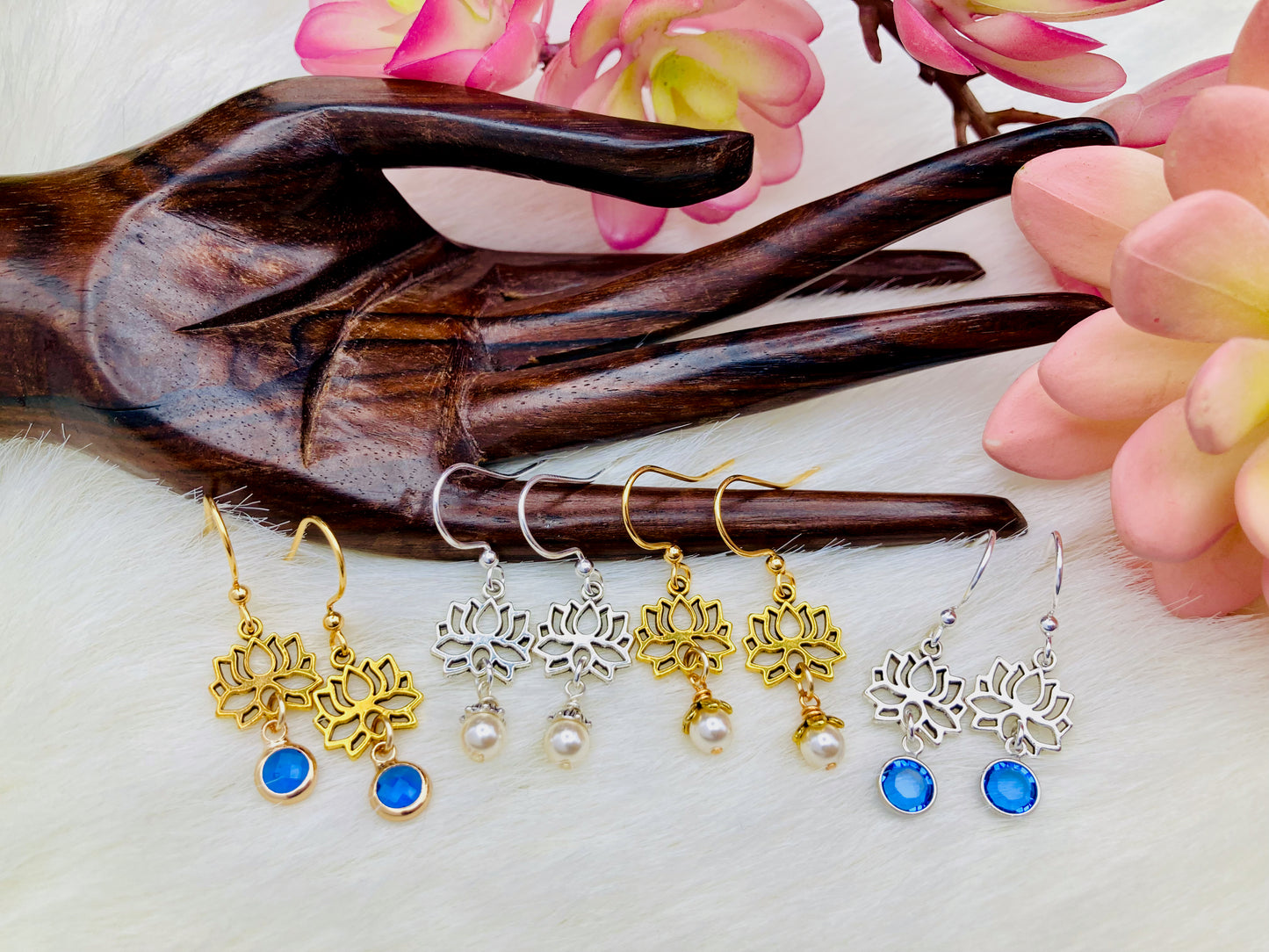 Lotus Earrings and Necklace with Pearl or Crystal