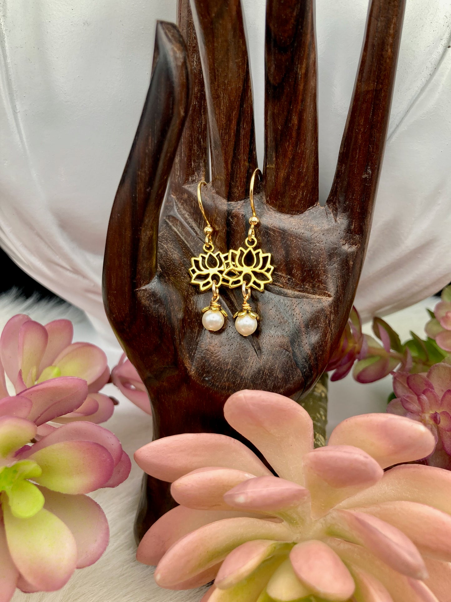 Lotus Earrings and Necklace with Pearl or Crystal