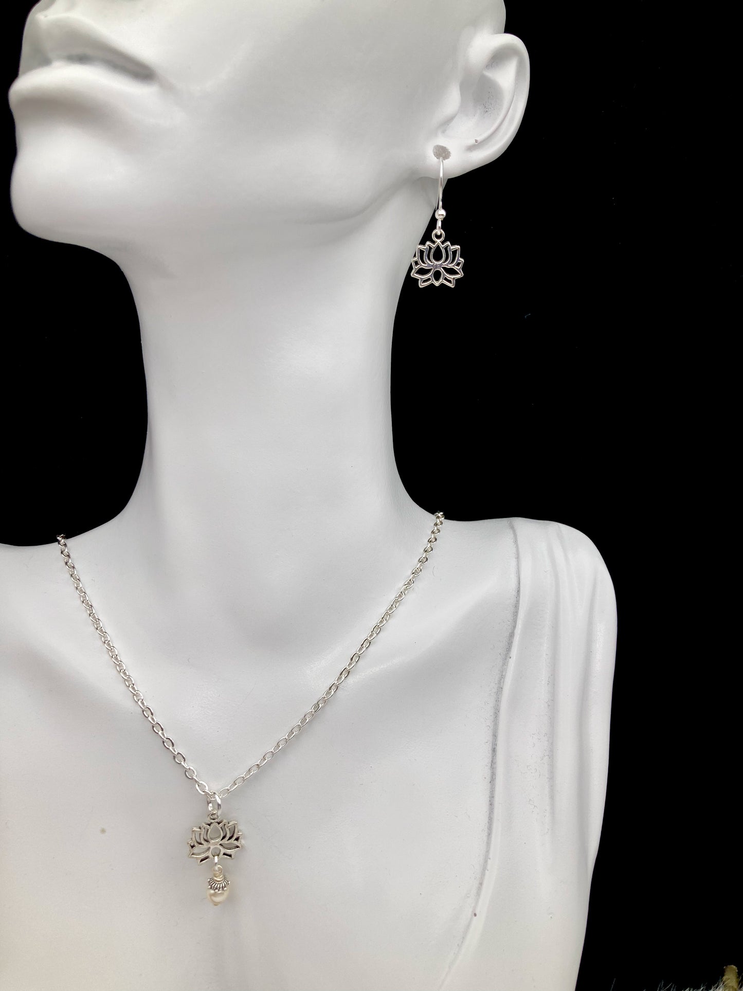 Lotus Earrings and Necklace with Pearl or Crystal