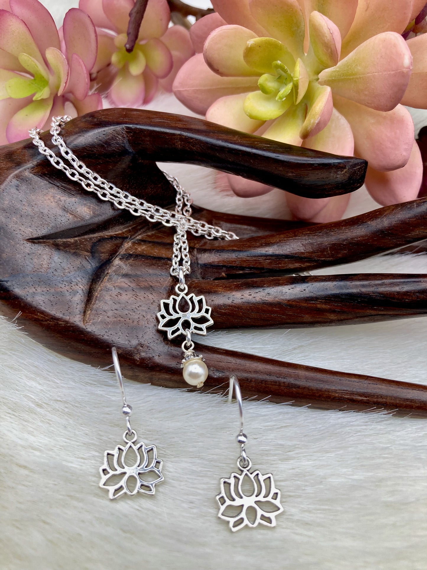 Lotus Earrings and Necklace with Pearl or Crystal