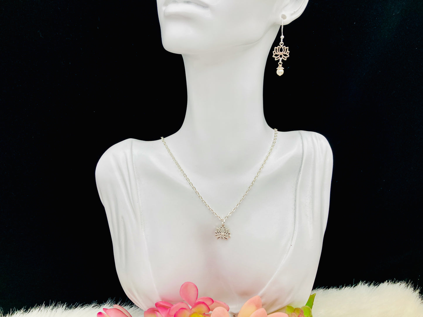 Lotus Earrings and Necklace with Pearl or Crystal